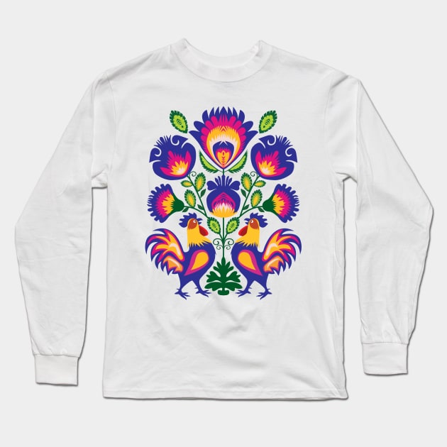Folklore with Roosters Long Sleeve T-Shirt by FK-UK